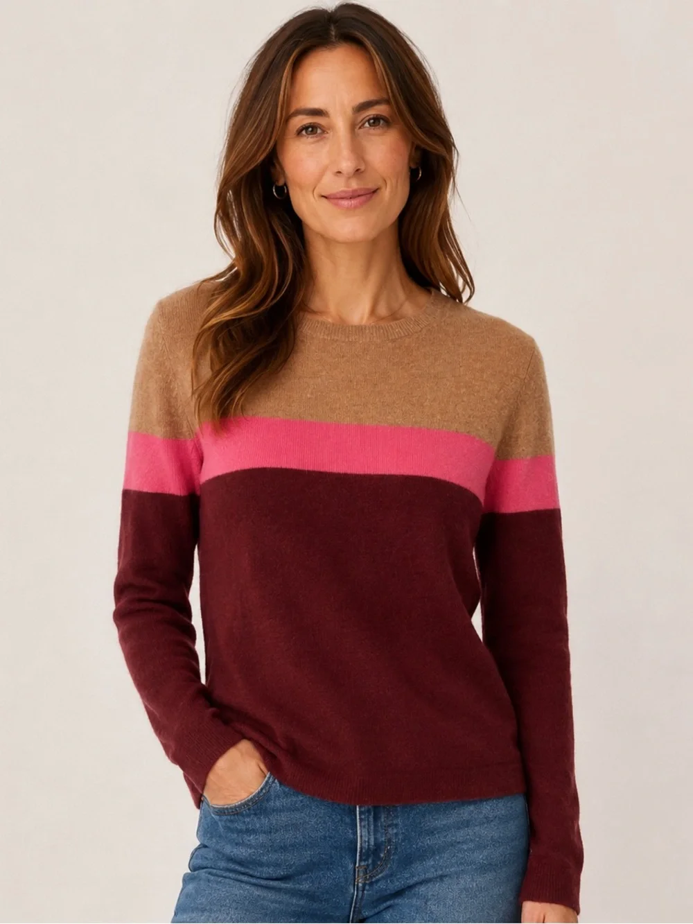 Lands End 100% Cashmere Colorblock Sweater Burgundy Pink Camel Women’s M 10-12
